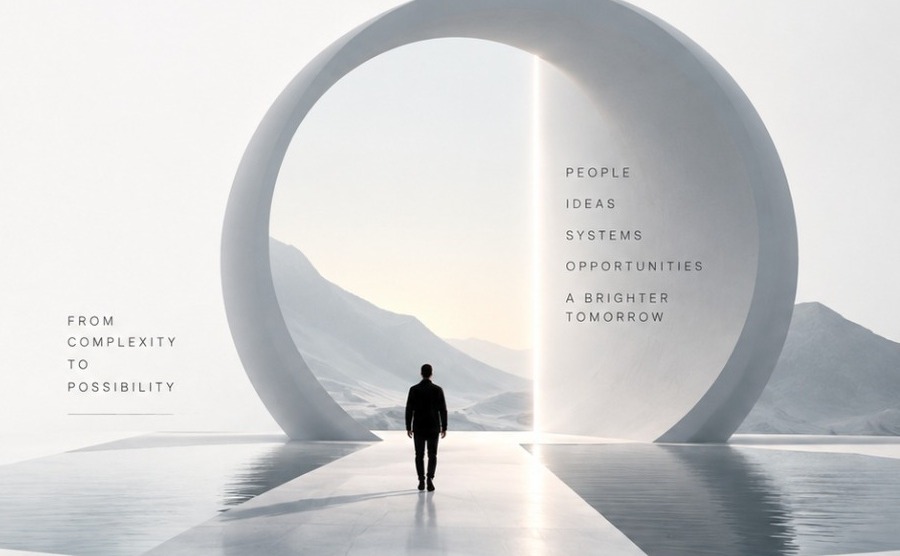 A figure walks through a concrete portal, from complexity to possibility.